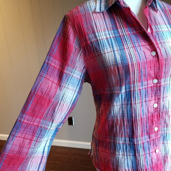 Red white & blue long sleeved plaid petites top - Picture 3 of 7